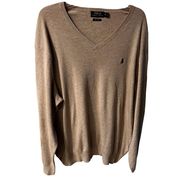 Polo Ralph Lauren Sweater Mens 2XL Beige V-Neck Pima Cotton Pullover Golf Preppy - Picture 1 of 7